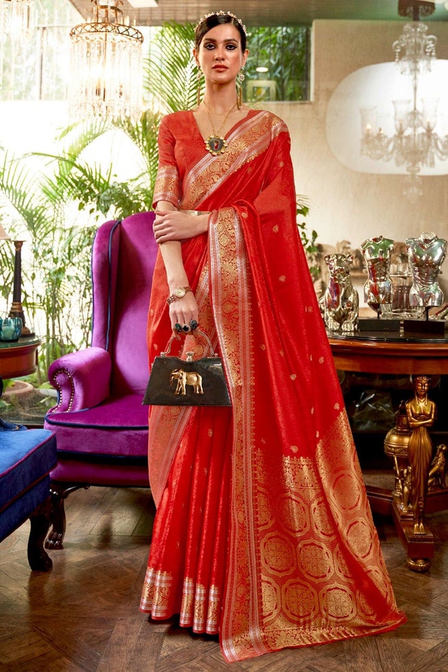 Buy MySilkLove Wax Flower Red Zari Woven Kanjivaram Saree Online