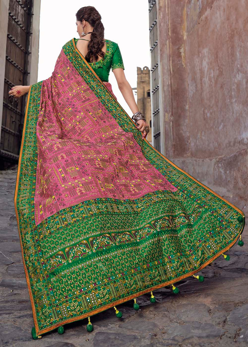 Contessa Pink and Green Banarasi Saree with Kachhi,Mirror and Diamond Work