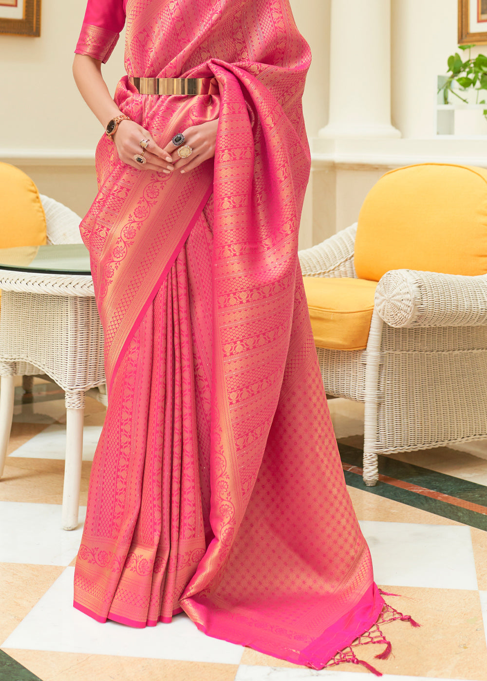 Buy MySilkLove Hot Pink Zari Woven Kanjivaram Saree Online