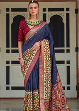 Martinique Blue and Red Woven Patola Silk Saree