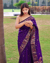 Honey Flower Purple Soft Silk Saree with Floral Woven Border and Pallu