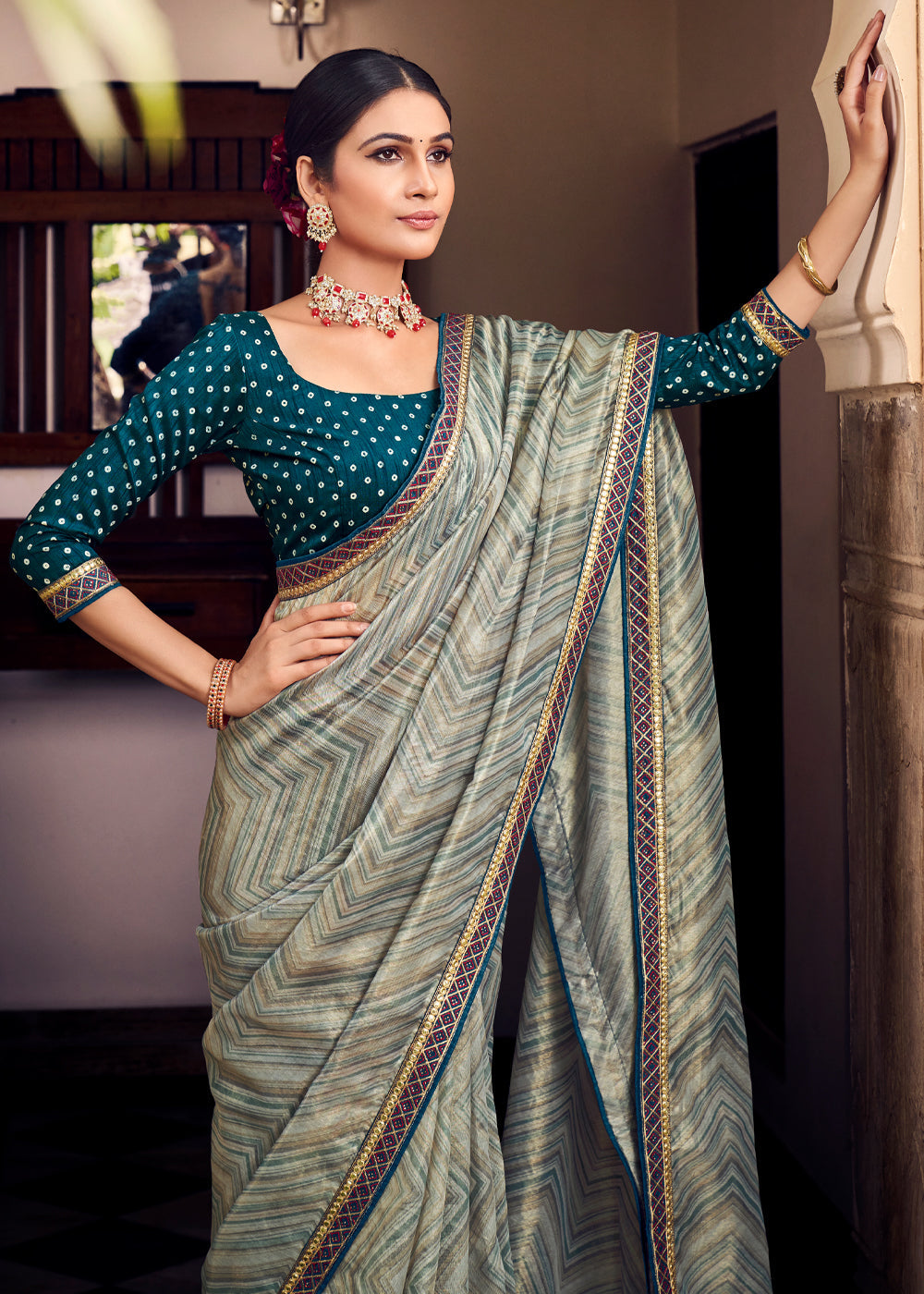 Buy MySilkLove Wedgewood Blue Digital Printed Lehriya Silk Saree Online