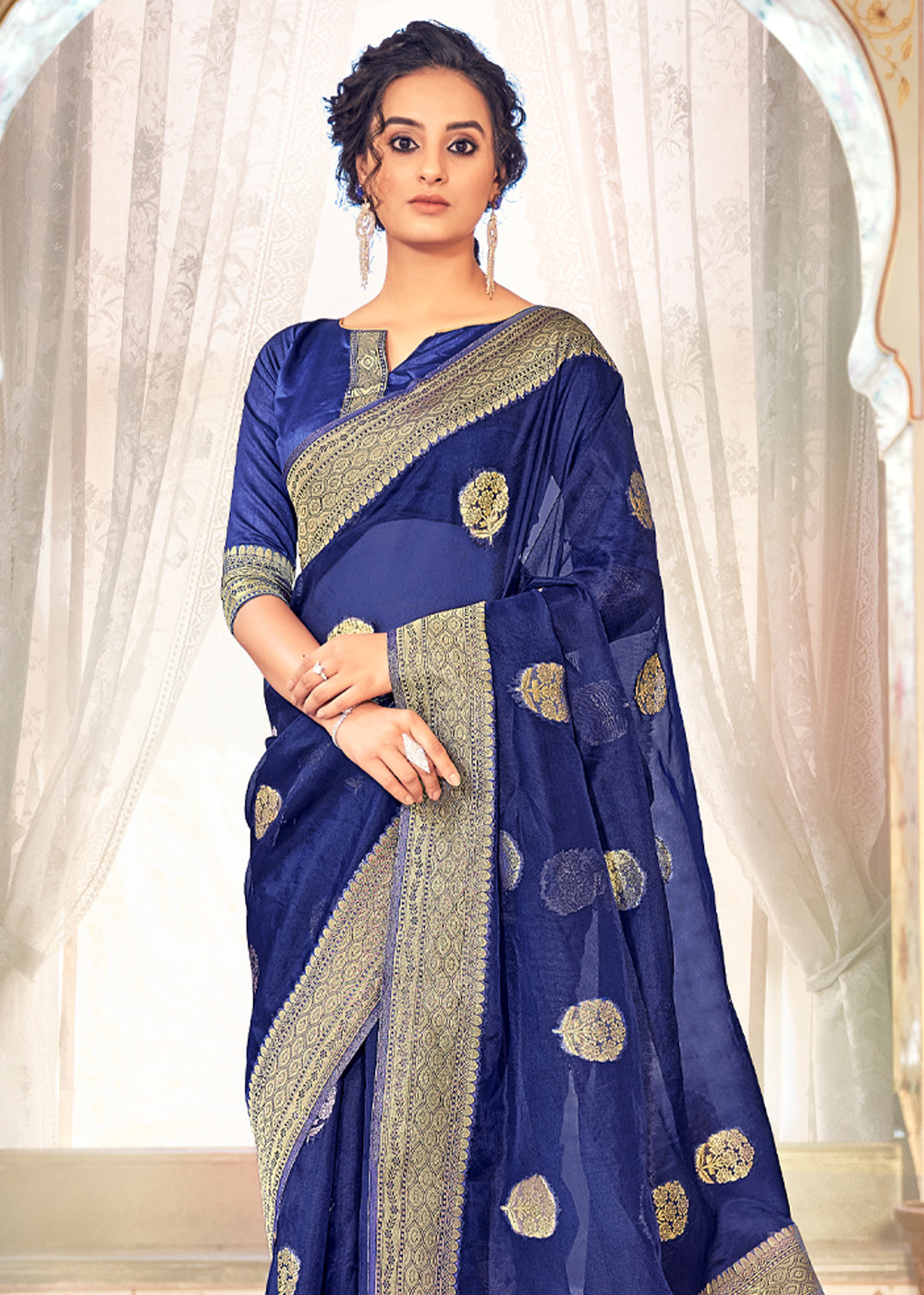 Buy MySilkLove East Bay Blue Zari Woven Banarasi Organza Saree Online