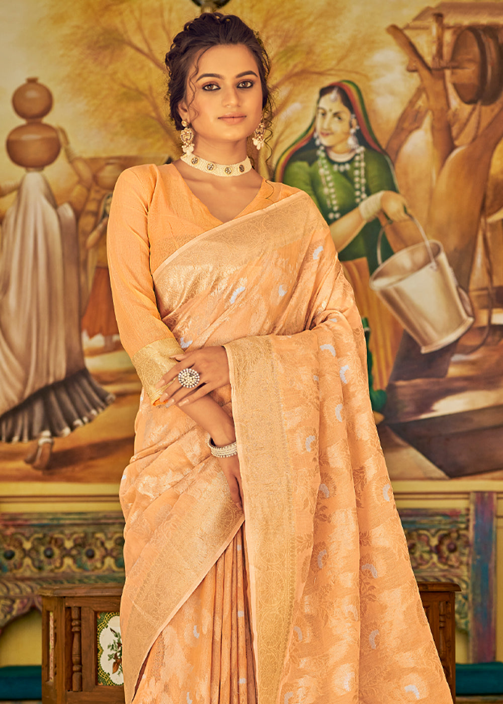 Buy MySilkLove Texas Rose Orange Zari Woven Banarasi Linen Saree Online