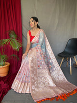 Sky Blue and Pink Banarasi Dual Tone Floral Printed Silk Saree