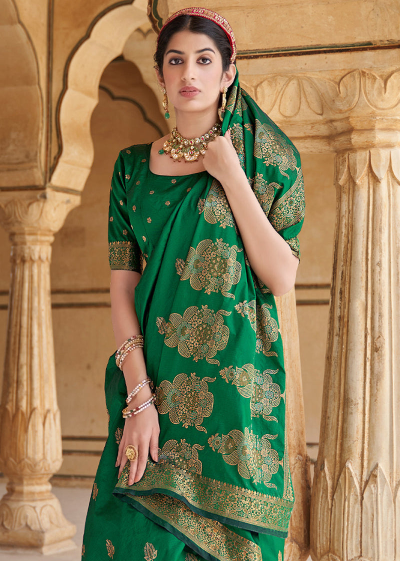 Viridian Green Zari Woven Banarasi Silk Saree