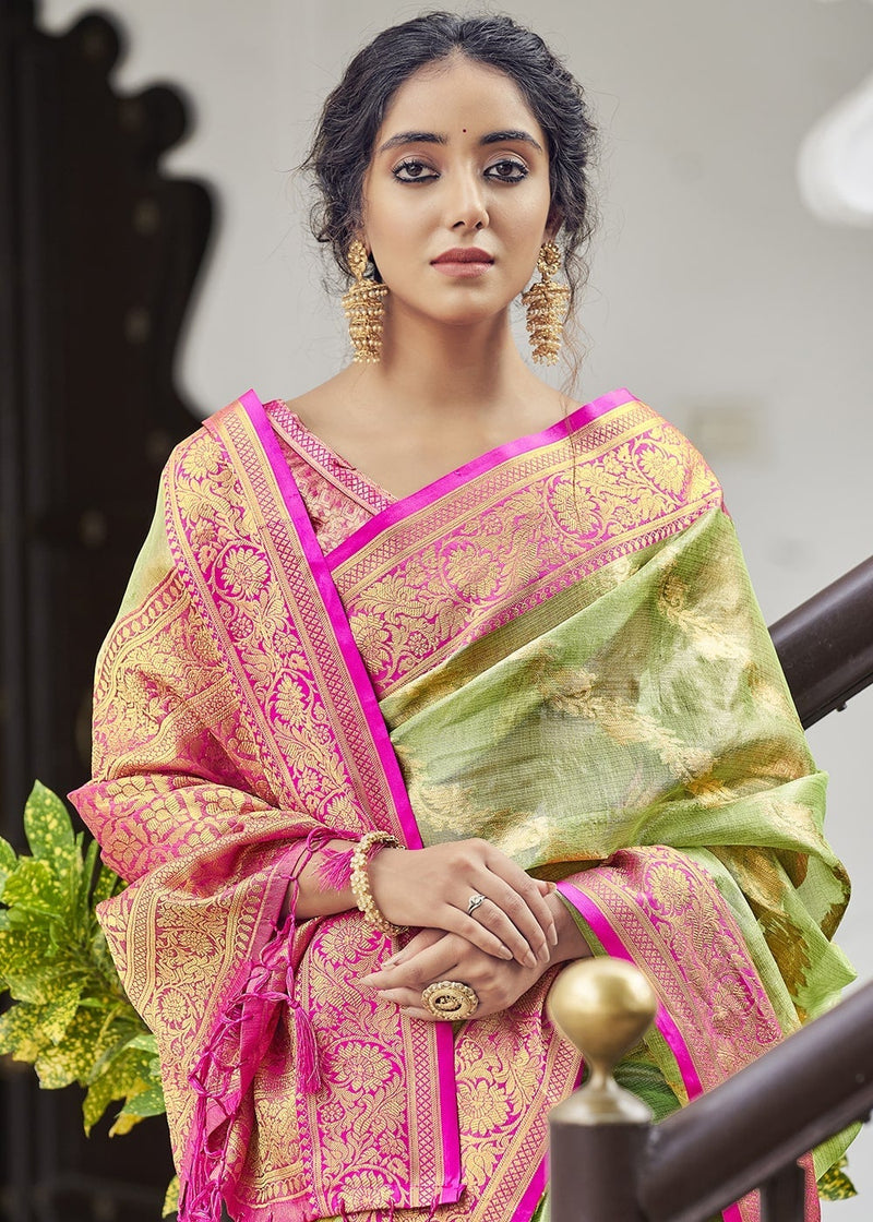 Olive Green Zari Woven Organza Tissue Silk Saree