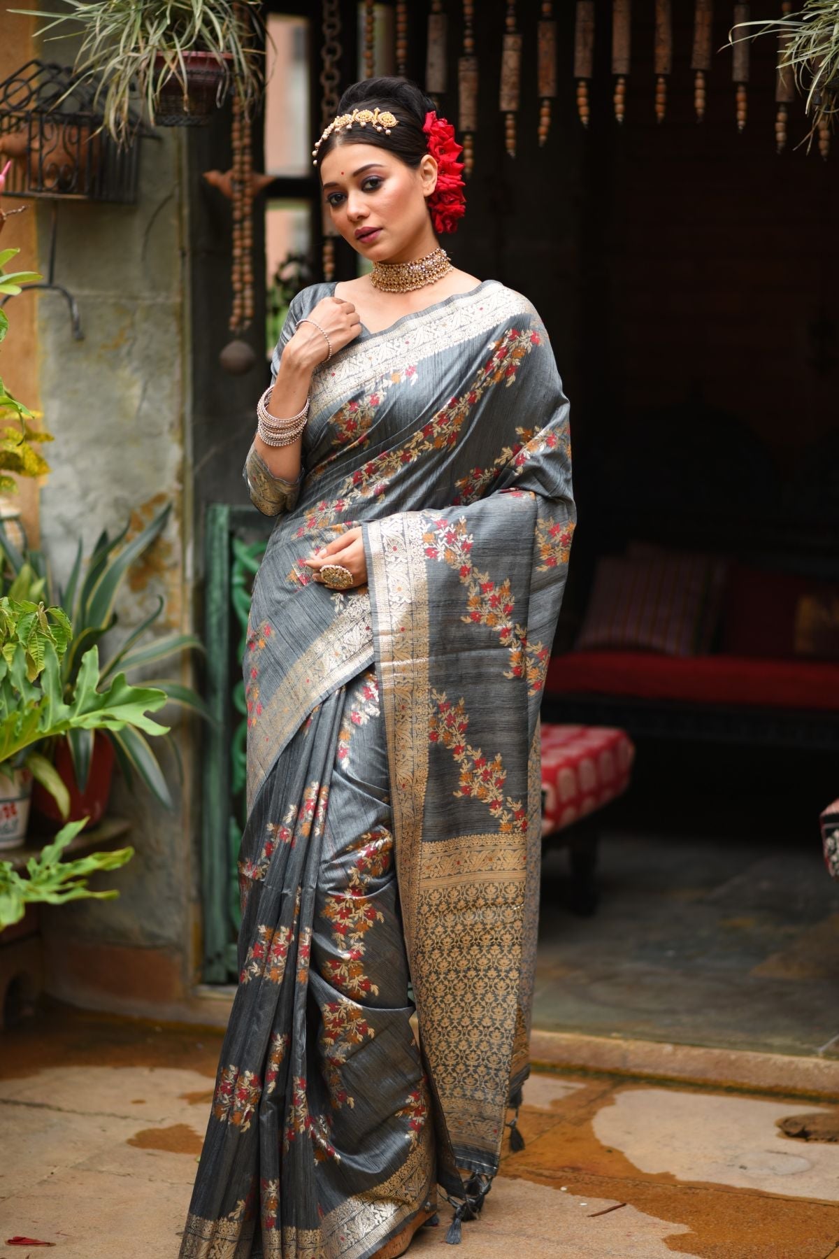 Buy MySilkLove Bombay Grey Woven Tussar Silk Saree Online