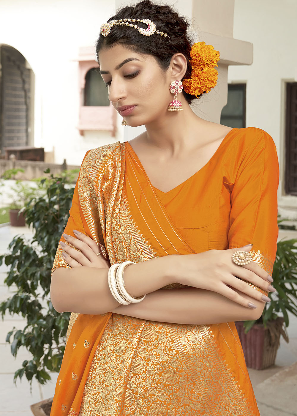 Buy MySilkLove Salomie Orange Zari Woven Banarasi Silk Saree with Butti Work Online