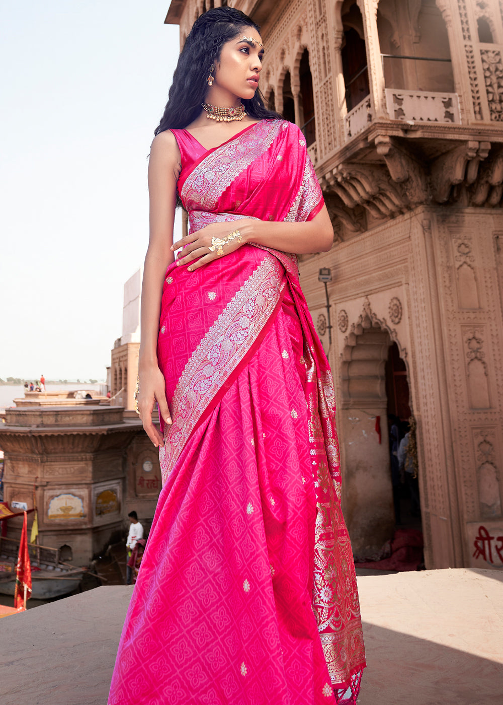 Buy MySilkLove Rose Pink Woven Banarasi Satin Silk Saree Online