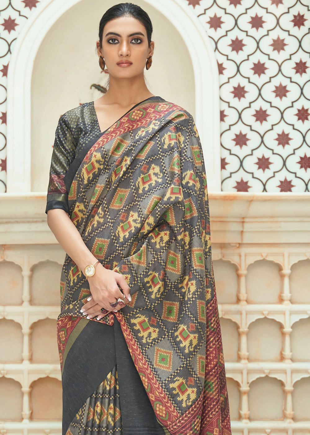 Buy MySilkLove Olive Haze Grey Patola Digital Printed Saree Online