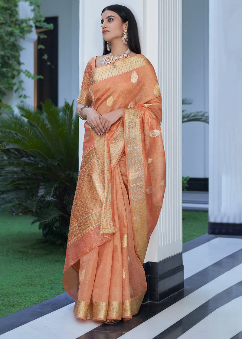 Negroni Peach Zari Woven Tissue Banarasi Silk Saree