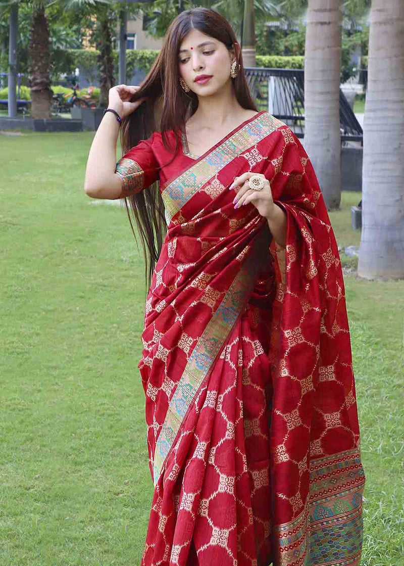 Carmine Red Zari Woven Tussar Silk Saree