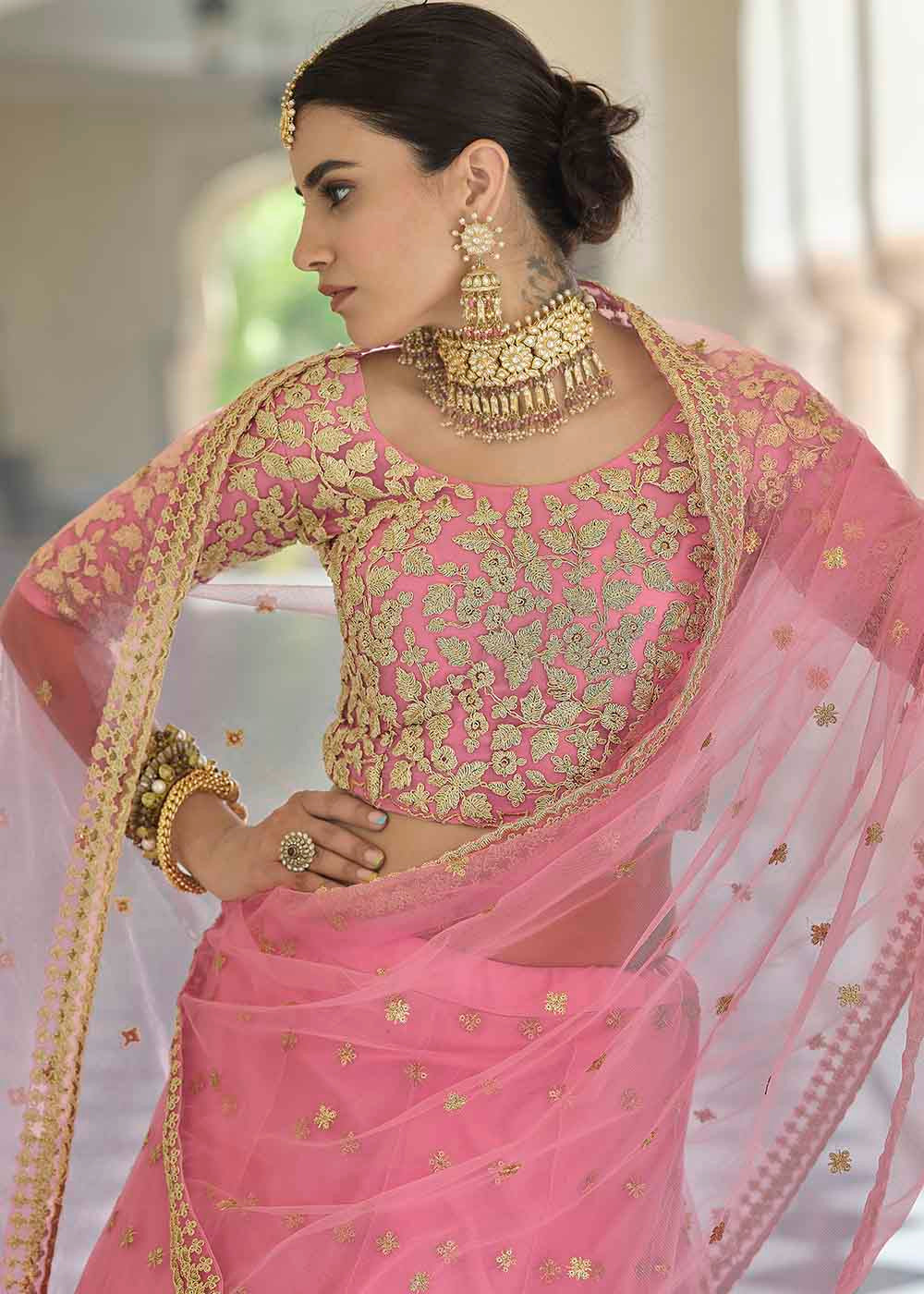 Buy MySilkLove Charm Pink Soft Net Designer Lehenga Choli With Dori & Sequins Work Online