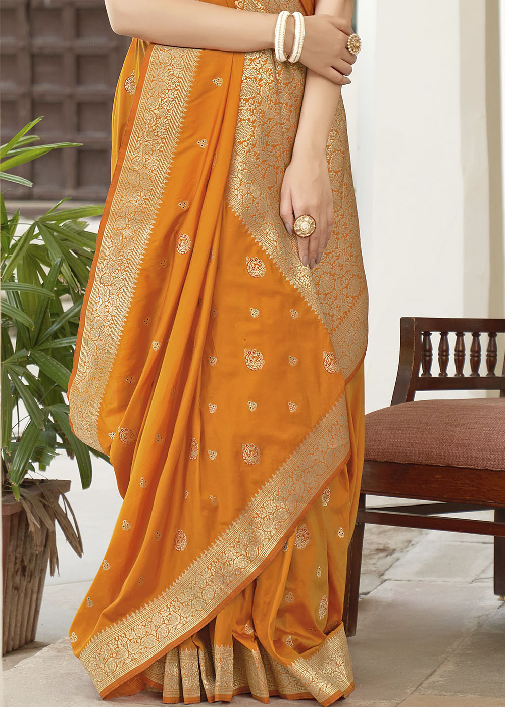 Buy MySilkLove Salomie Orange Zari Woven Banarasi Silk Saree with Butti Work Online