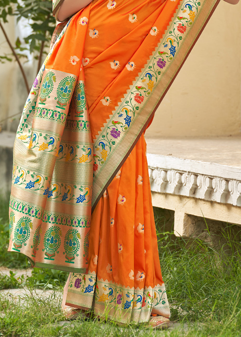 Buy MySilkLove Flamingo Orange and Green Zari Woven Banarasi Paithani Saree Online