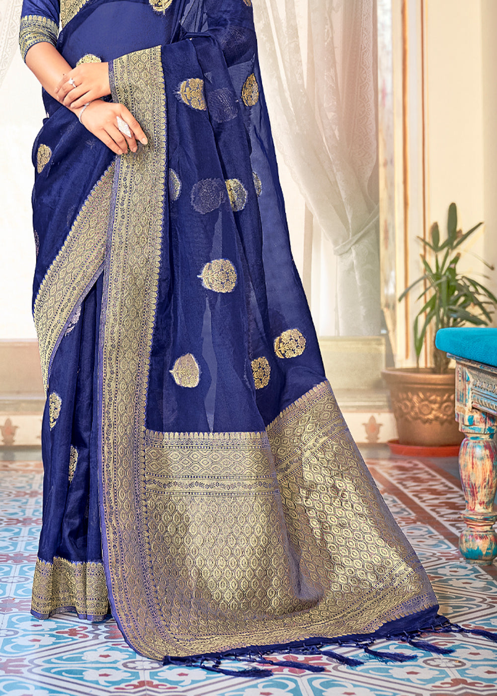 Buy MySilkLove East Bay Blue Zari Woven Banarasi Organza Saree Online