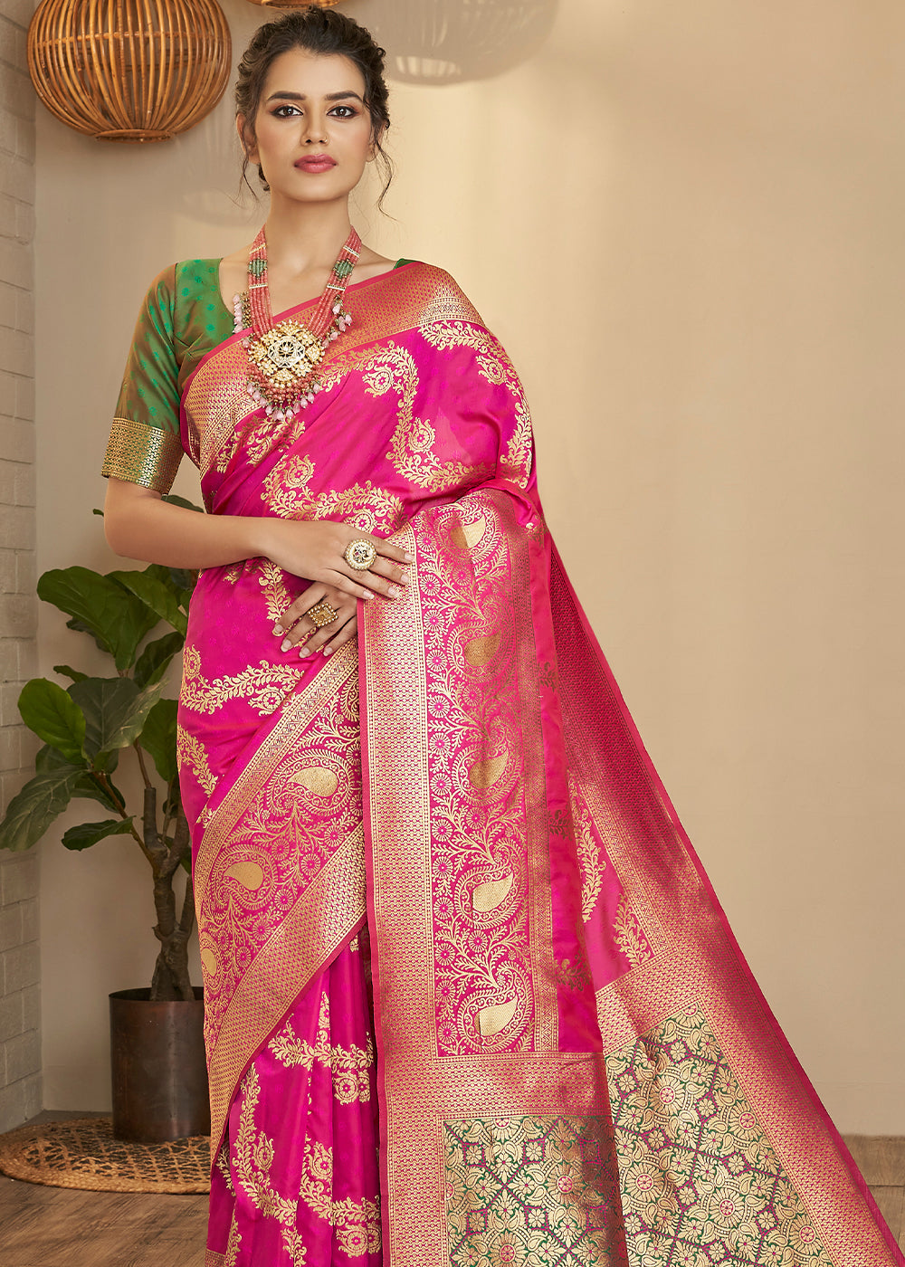 Buy MySilkLove Cabaret Pink and Green Zari Woven Banarasi Saree Online