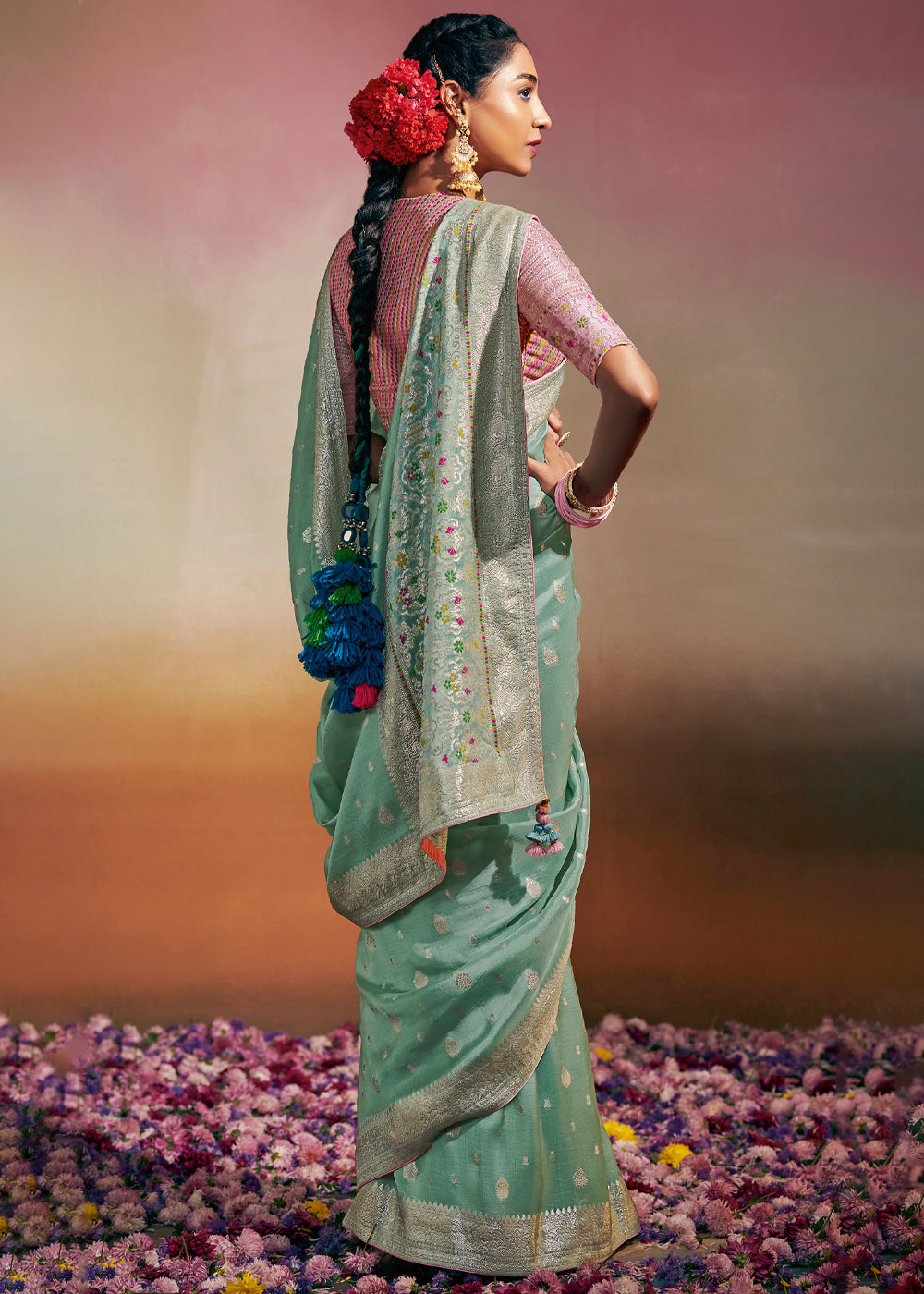 Buy MySilkLove Spring Rain Blue Woven Banarasi Soft Silk Saree Online