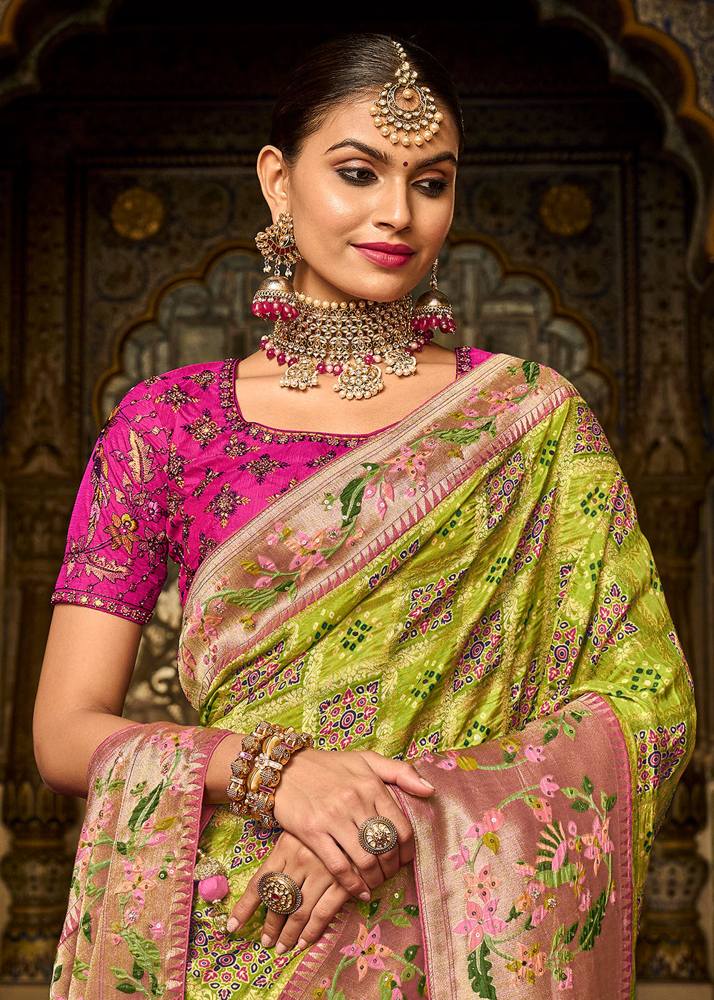 Buy MySilkLove Earls Green and Pink  Patola Printed Dola Silk Saree With Embroidered Blouse Online