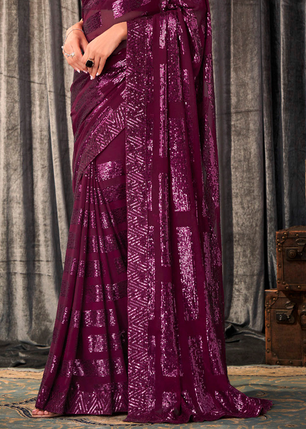 Buy MySilkLove Cosmic Purple Sequins Embroidered Designer Georgette Saree Online