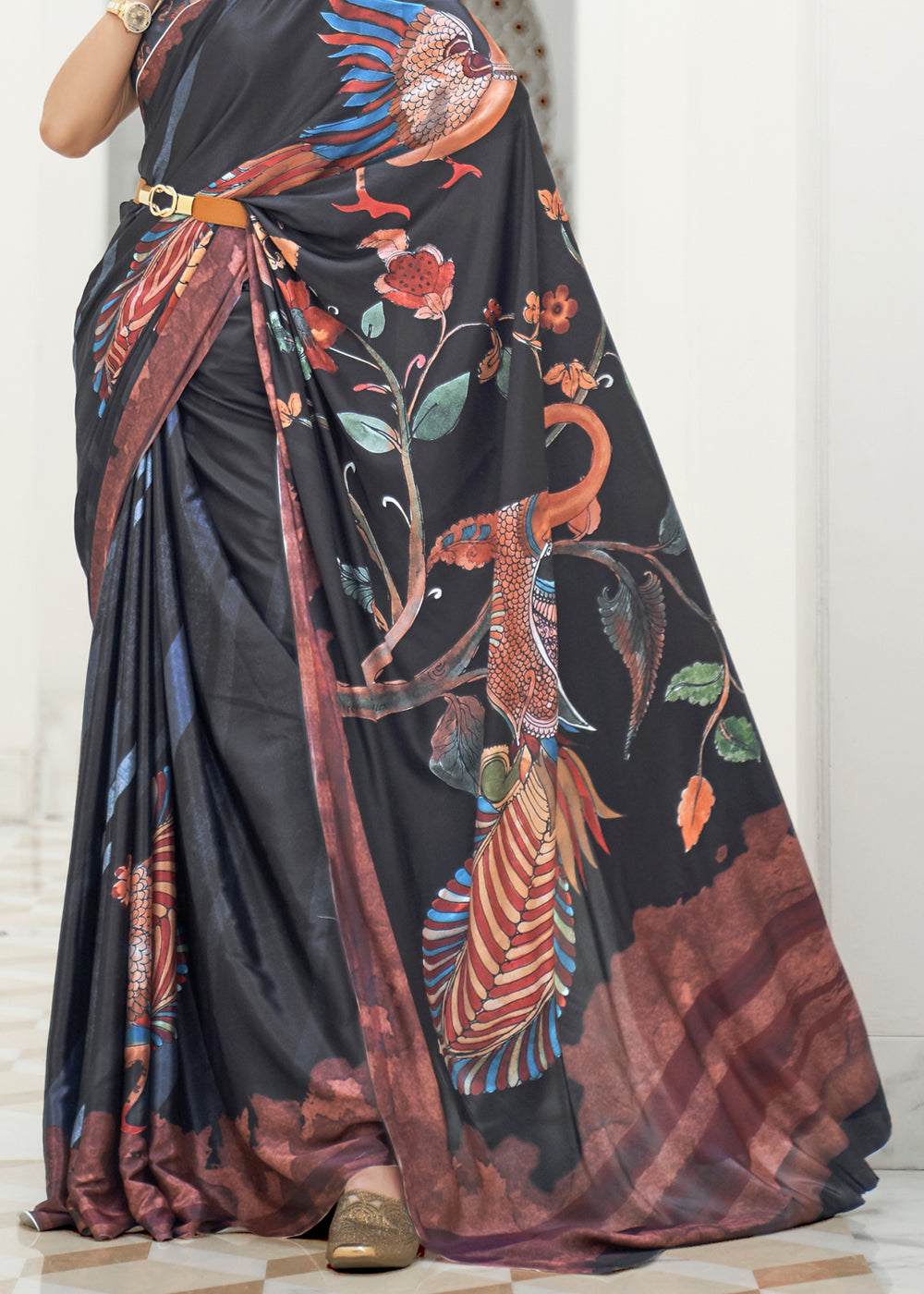 Buy MySilkLove Tuna Black Kalamkari Printed Crepe Saree Online