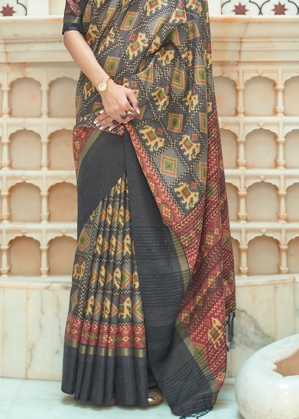 Buy MySilkLove Olive Haze Grey Patola Digital Printed Saree Online