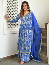Indigo Blue Cotton Floral Block Print Kurta With Pant And Dupatta