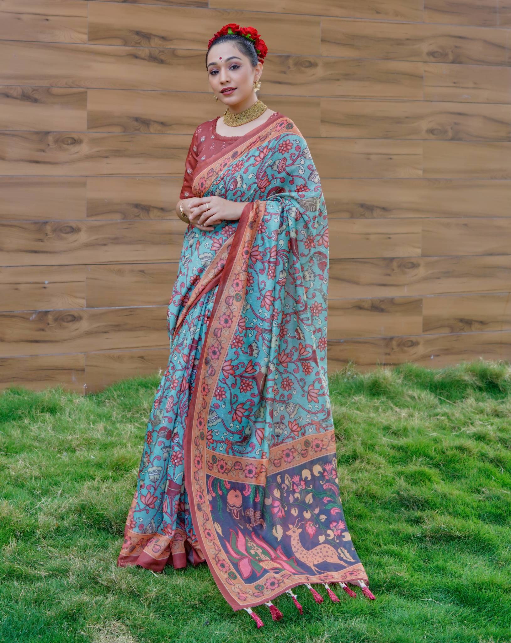 Buy MySilkLove Blue Bell Cotton Kalamkari Printed Saree Online