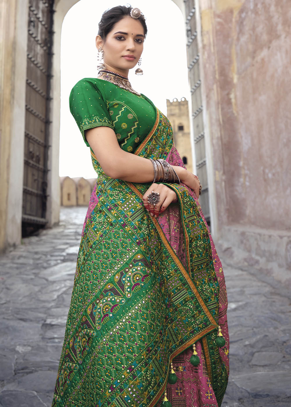 MySilkLove Contessa Pink and Green Banarasi Saree with Kachhi,Mirror and Diamond Work