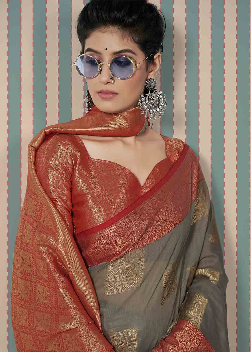 Buy MySilkLove Sand Grey and Red Zari Woven Linen Saree Online