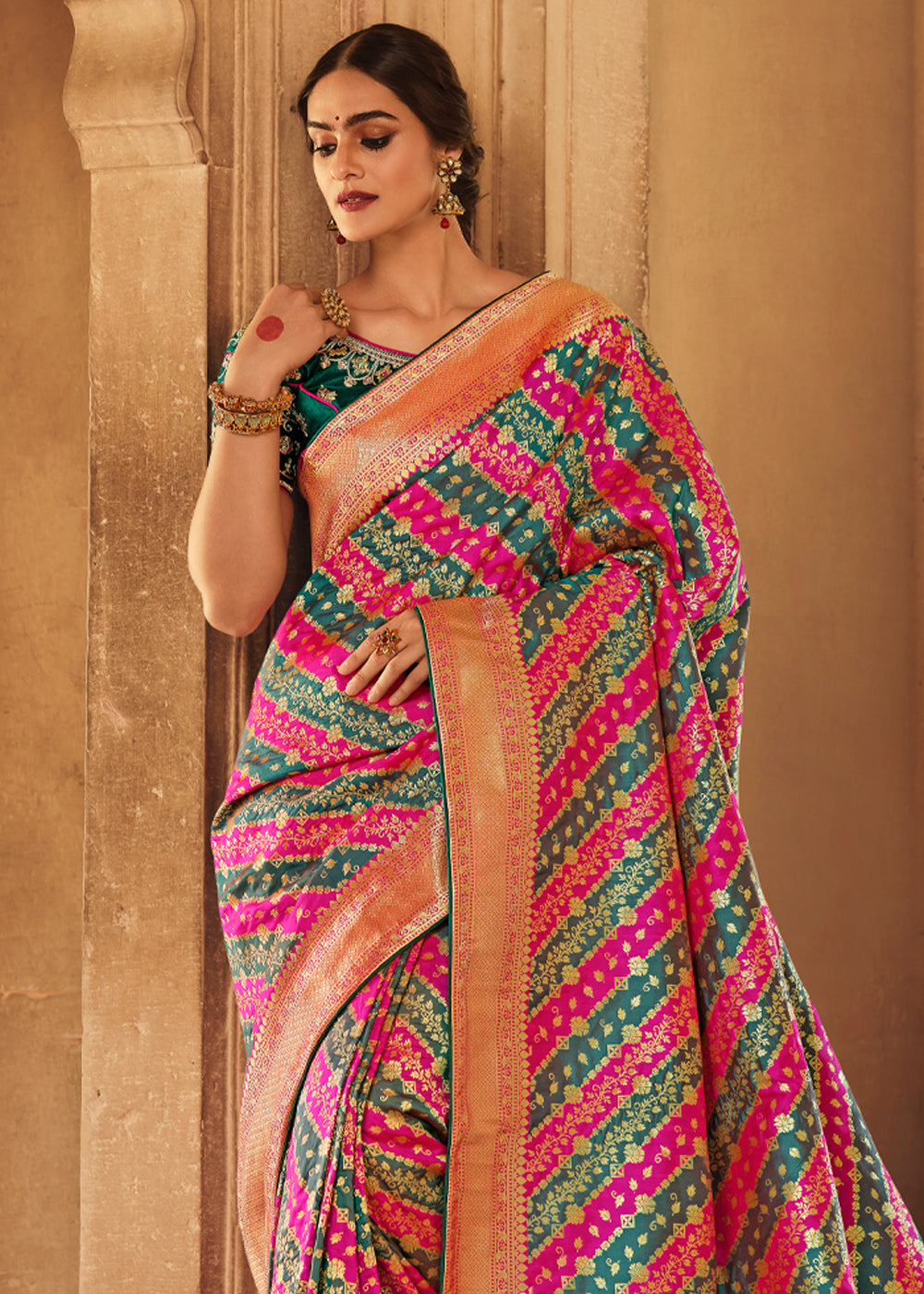 Buy MySilkLove Cedar Pink and Green Zari Woven Striped Banarasi Saree with Designer Blouse Online