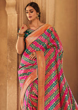 Cedar Pink and Green Zari Woven Striped Banarasi Saree with Designer Blouse
