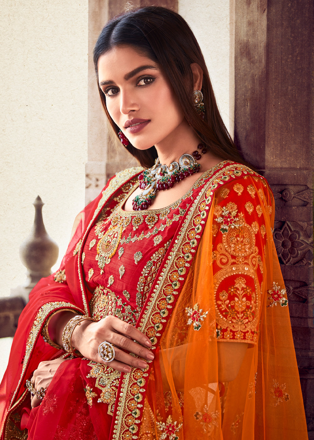 Buy MySilkLove Persian Red and Orange Heavy Embroidered Designer Lehenga Online