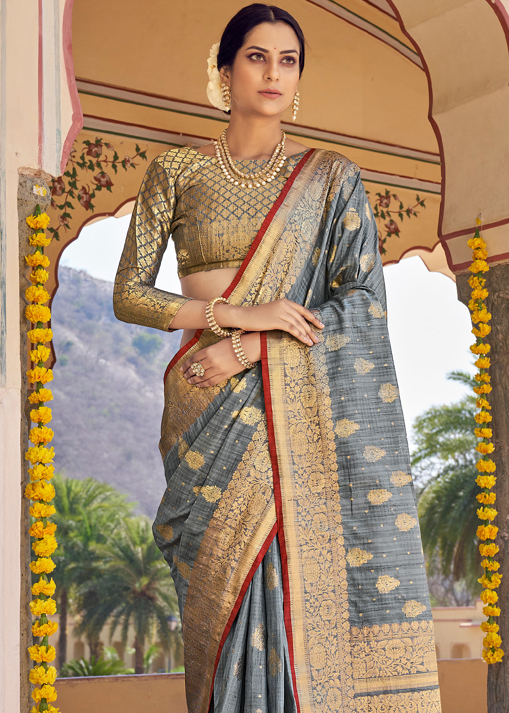 Buy MySilkLove Silver Sand Grey Zari Woven Banarasi Linen Saree Online