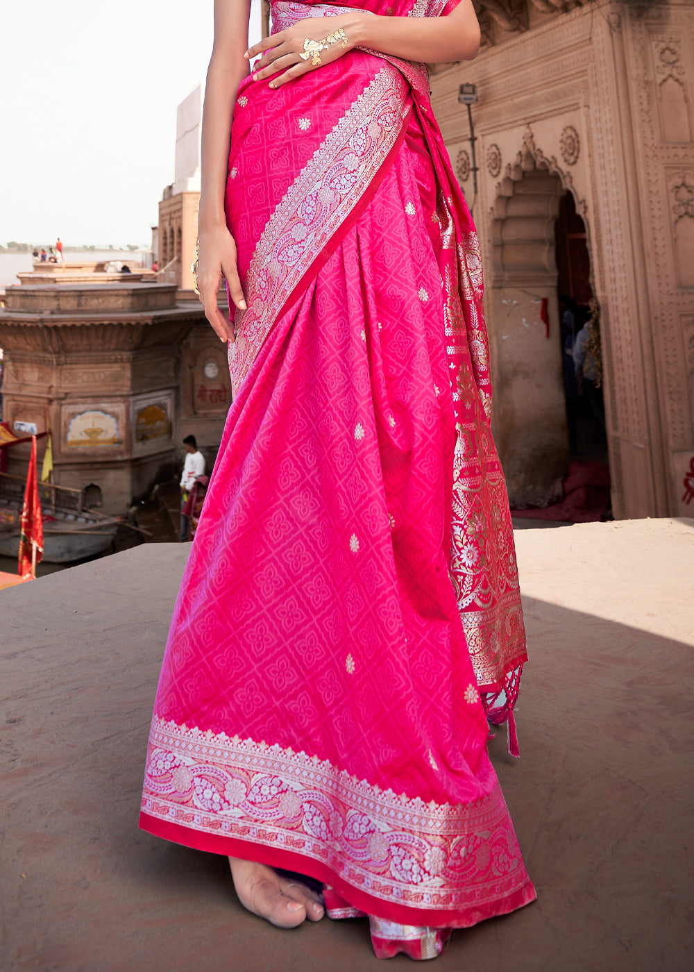 Buy MySilkLove Rose Pink Woven Banarasi Satin Silk Saree Online