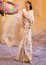 Almond White Zari Woven Banarasi Handloom Saree