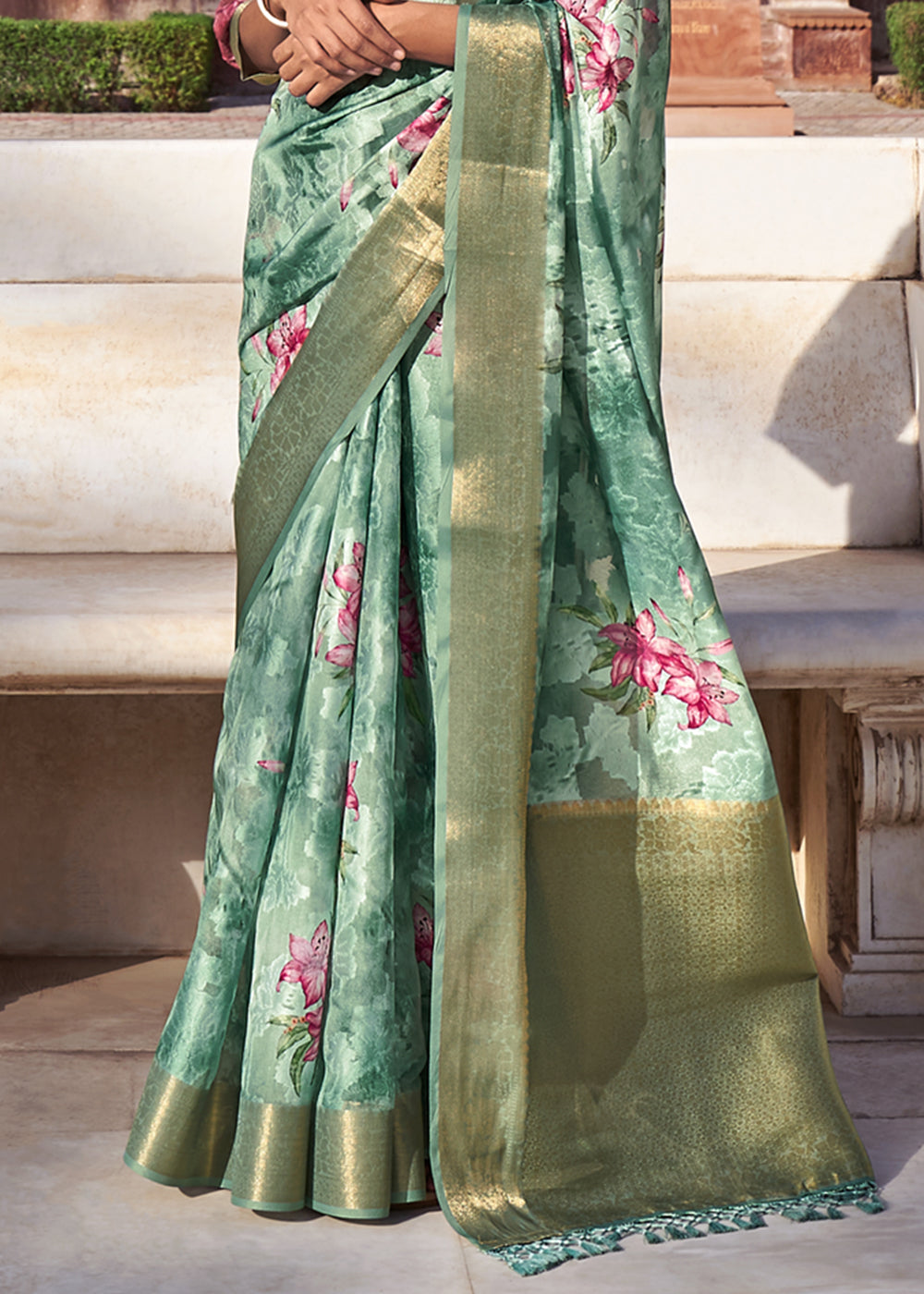 Buy MySilkLove Envy Green Digital Printed Banarasi Cotton Saree Online