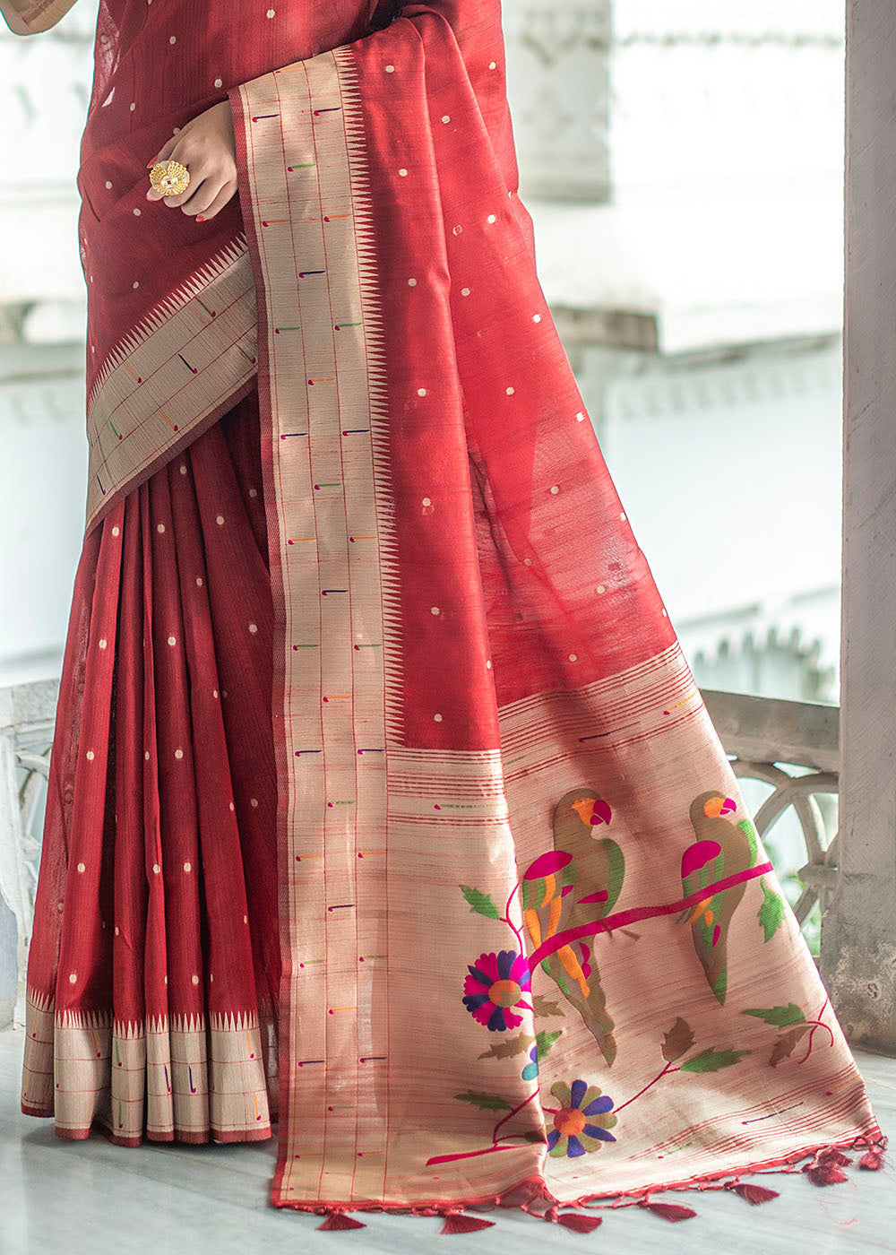 Buy MySilkLove Cinnabar Red Zari Woven Tussar Paithani Silk Saree Online