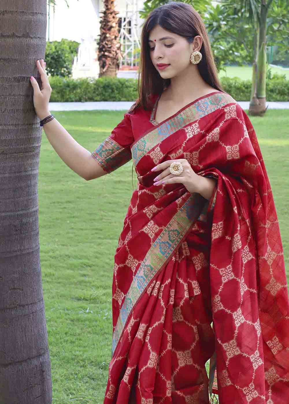 Buy MySilkLove Carmine Red Zari Woven Tussar Silk Saree Online