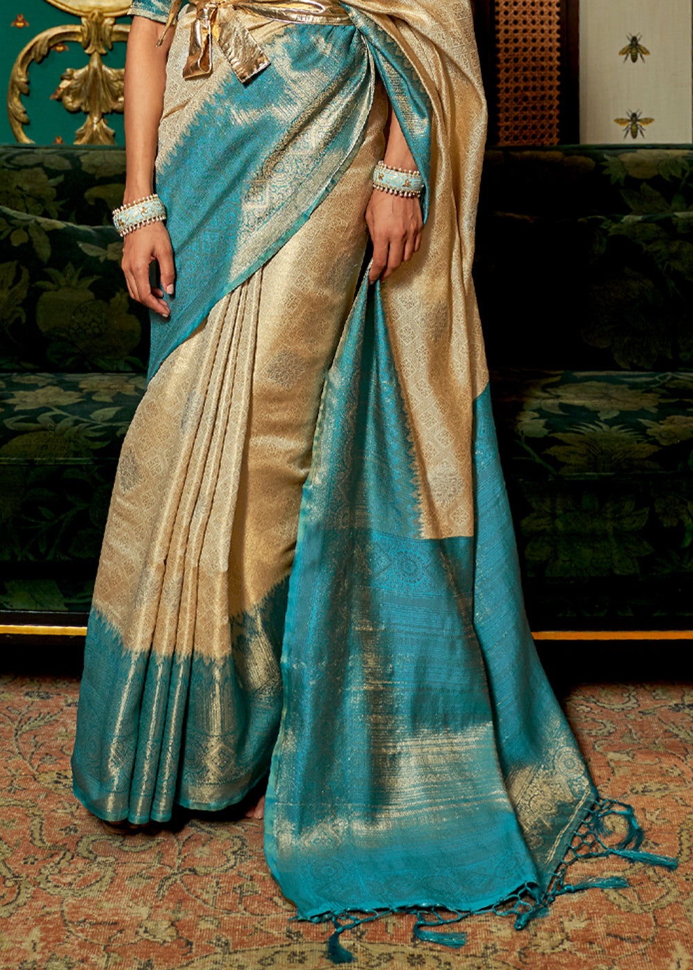 Buy MySilkLove Sorrell Cream and Blue Zari Woven Banarasi Tussar Saree Online