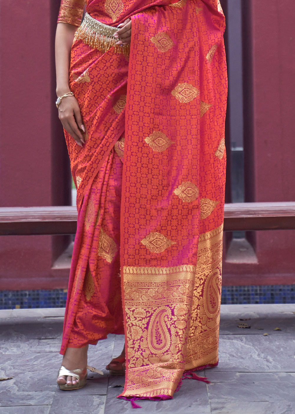 Buy MySilkLove Red Damask Banarasi Woven Satin Silk Saree Online