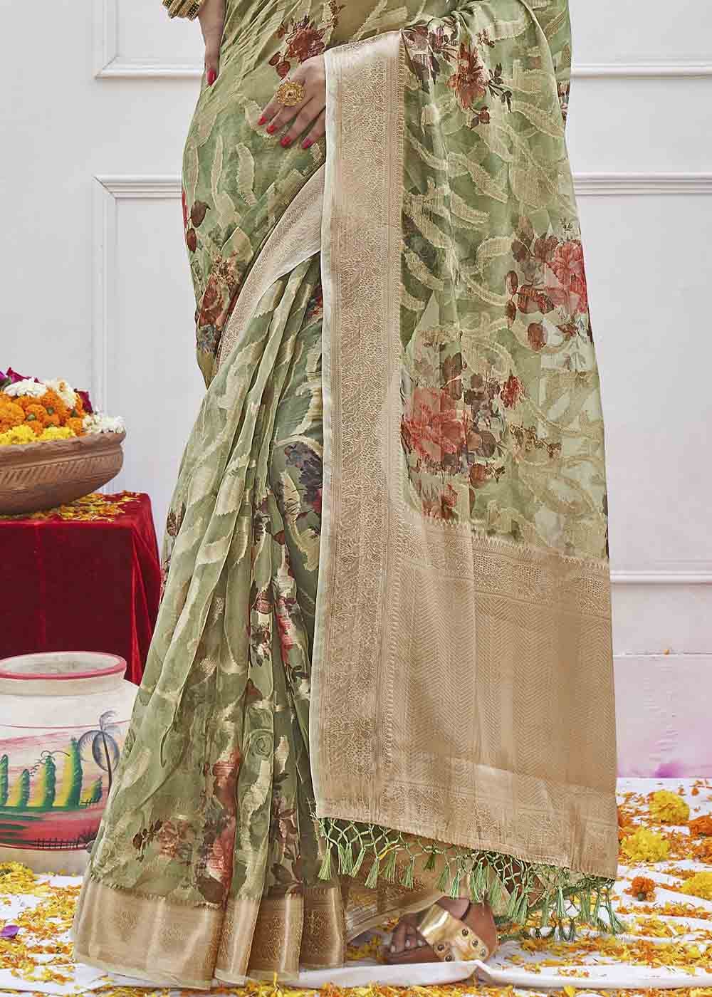 Buy MySilkLove Sage Green Digital Printed Organza Silk Saree Online