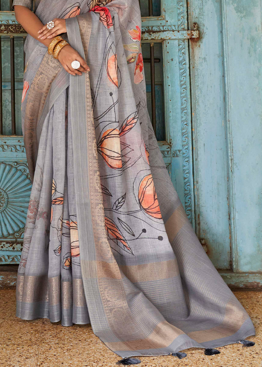 Buy MySilkLove Quick Silver Grey Floral Printed Linen Silk Saree Online