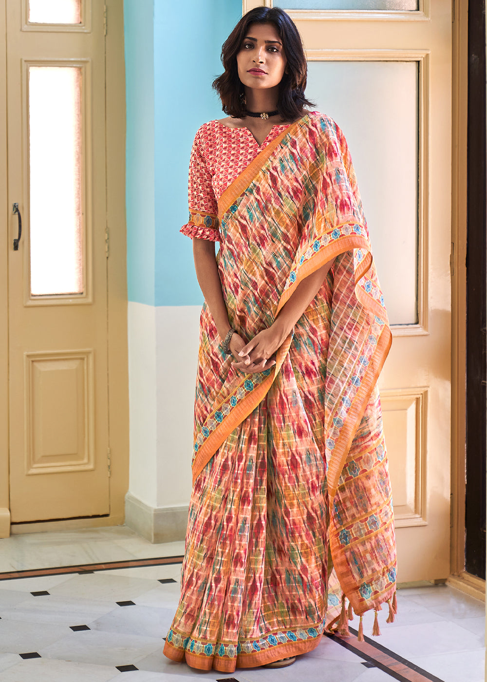 Buy MySilkLove Petite Pink Printed Linen Saree Online