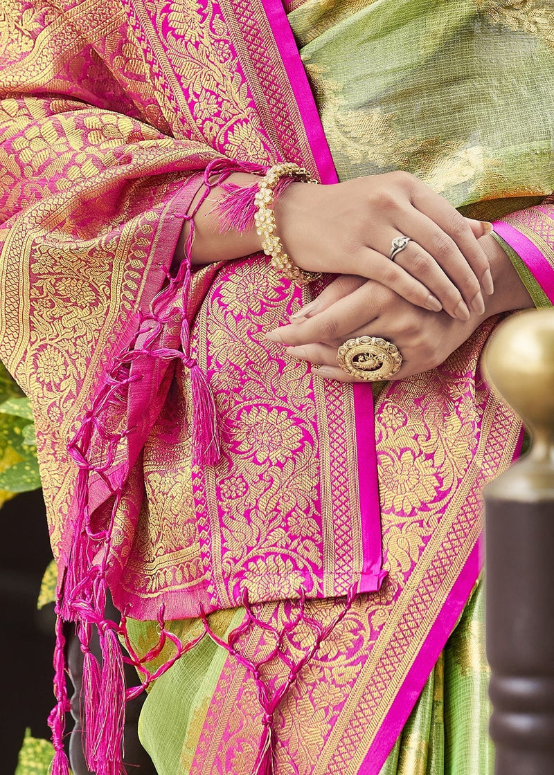 Olive Green Zari Woven Organza Tissue Silk Saree