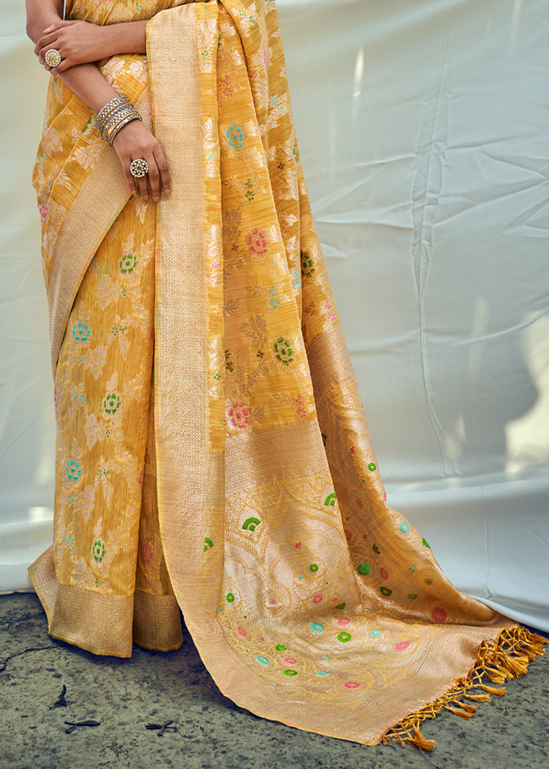 Equator Yellow Zari Woven Banarasi Linen Saree