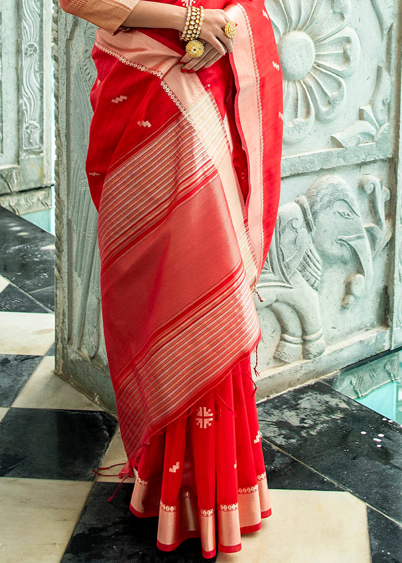 Sunset Red Zari Woven Tussar Silk Saree