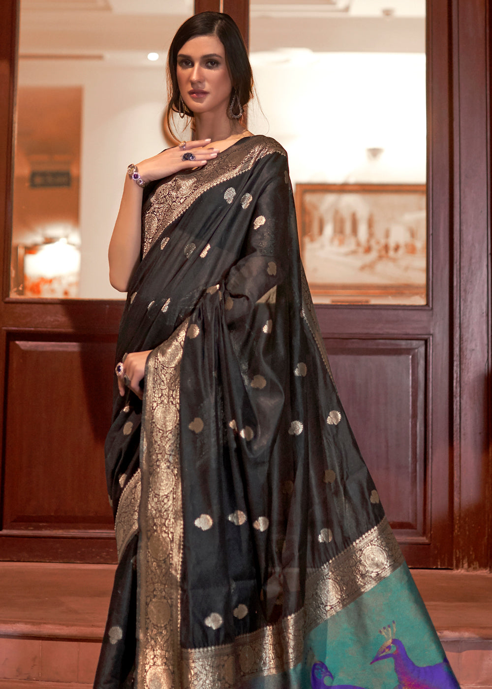 Buy MySilkLove Dune Black Zari Woven Banarasi Saree with Peacock Pallu Online