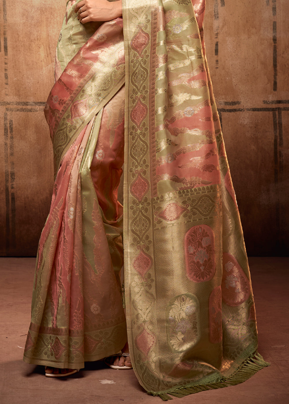 Buy MySilkLove Antique Pink and Green Zari Woven Banarasi Organza Saree Online